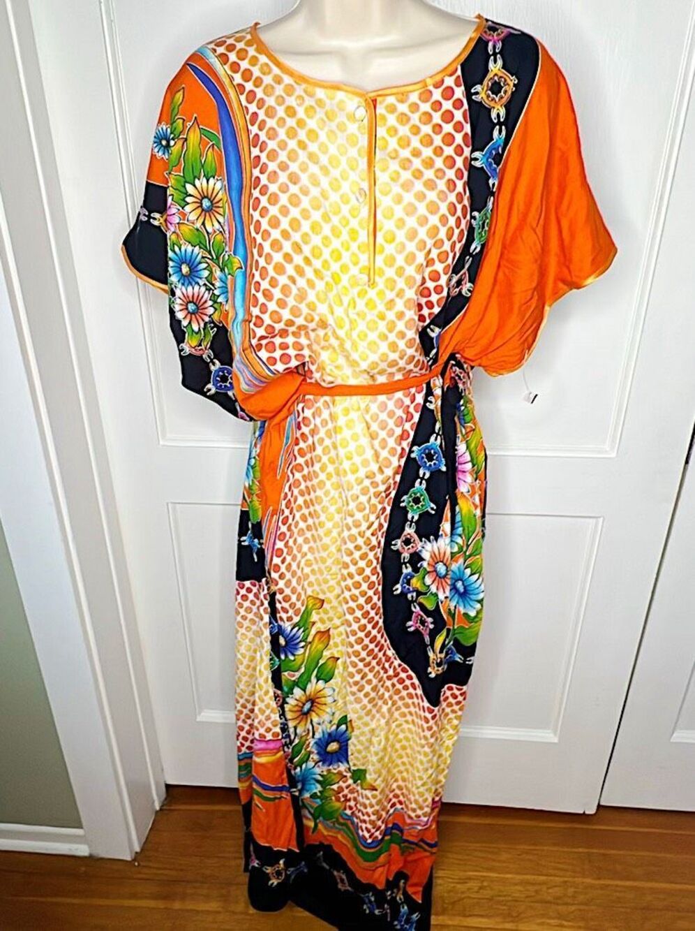 Kraton Mas Batik Kaftan Maxi Dress Bright Floral Polka Dot One Size Nwt